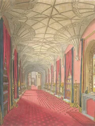 ジョン・ラター作「フォントヒルの描写」（1823年）（アクアチント）の聖ミカエルギャラリー、フォントヒル修道院の内部